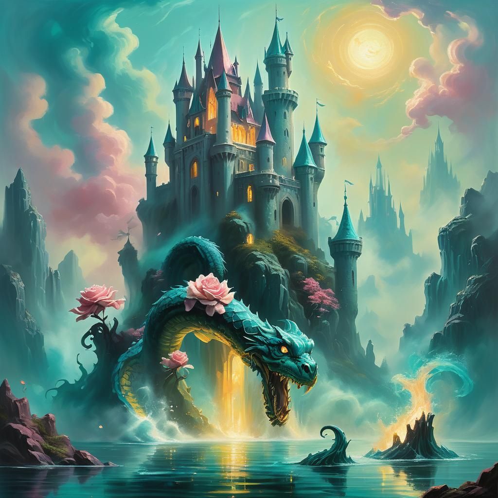 Teal and Rose Castle with Water Monster: Fantasy Oil Paintin...