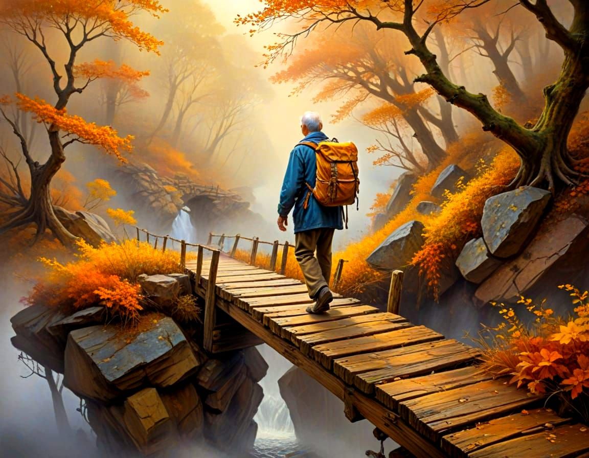 Man on Bridge in Autumn Landscape Painting