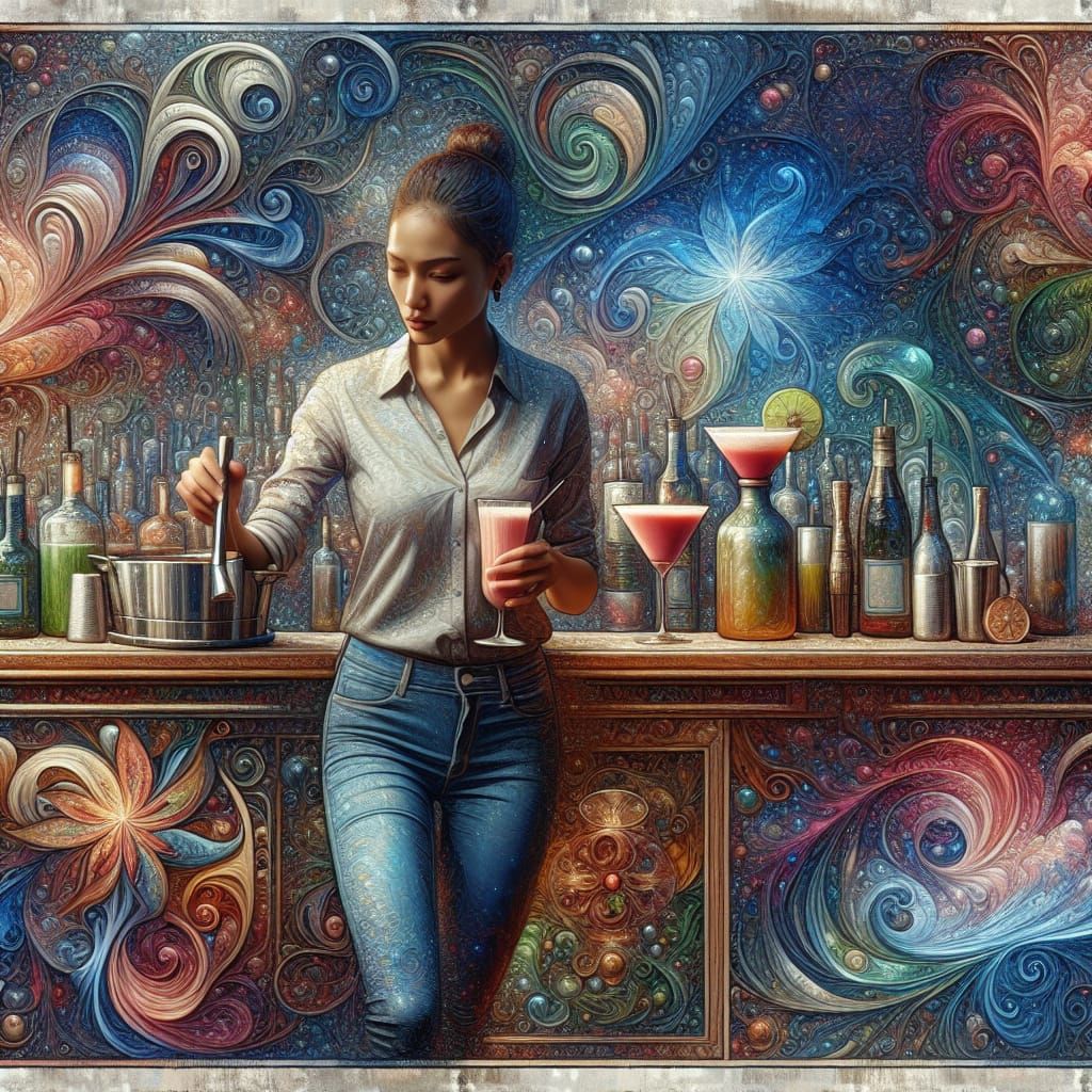 Competent Bartender Mixing Cocktail in Fantasy Art Style