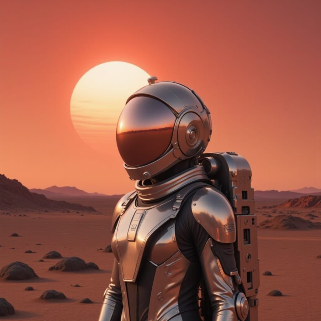 Astronaut on Crimson Planet with Binary Sunset