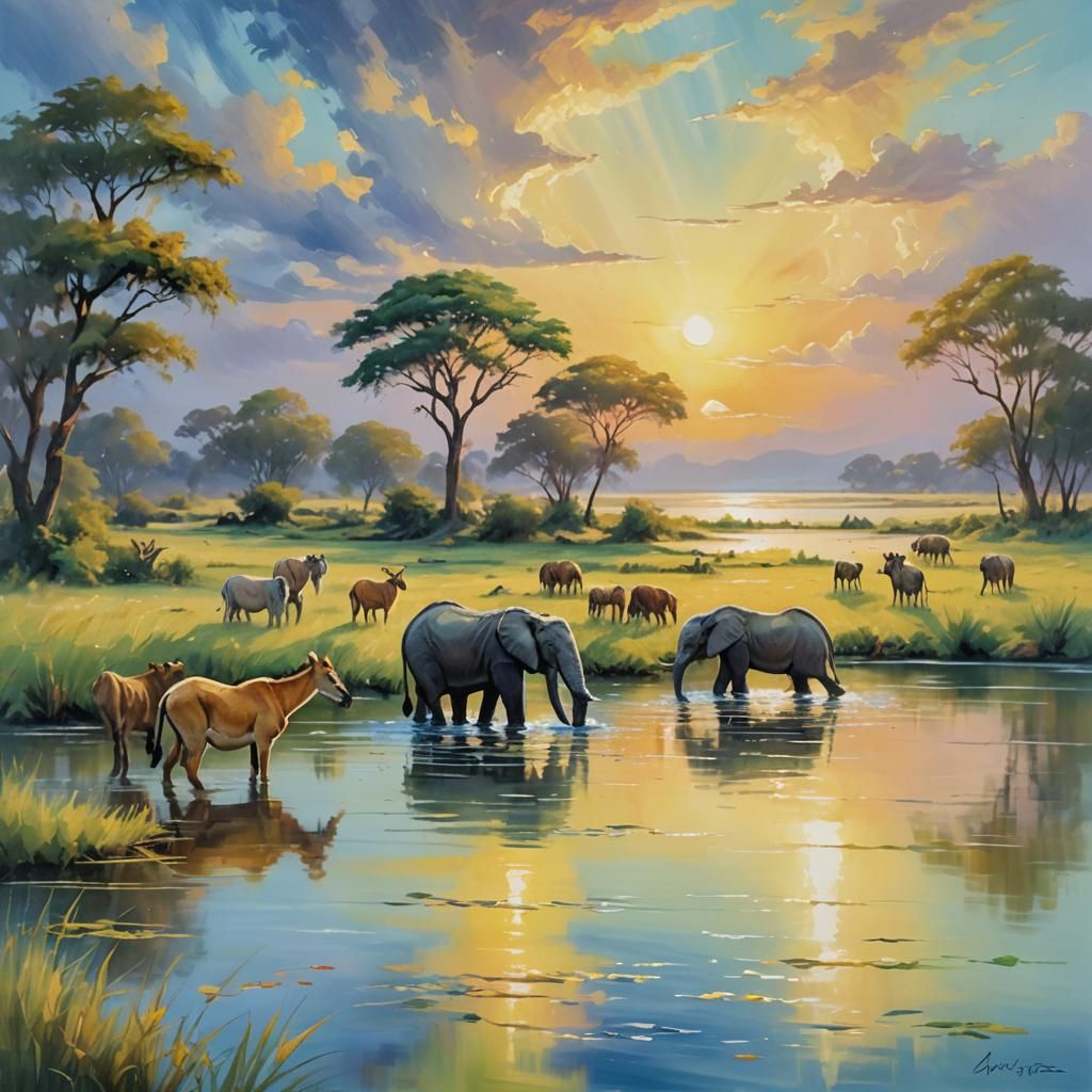 African Animals Gather at Lake Edge in Oil Painting