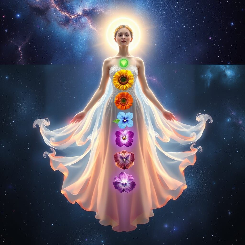 Cosmic Goddess Embodies Chakra Energy in Vibrant Floral Bloo...
