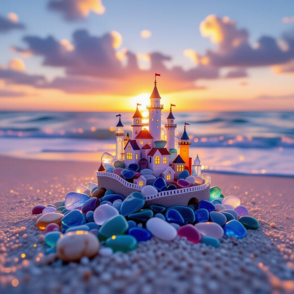Miniature Sea Glass City Diorama at Sunset