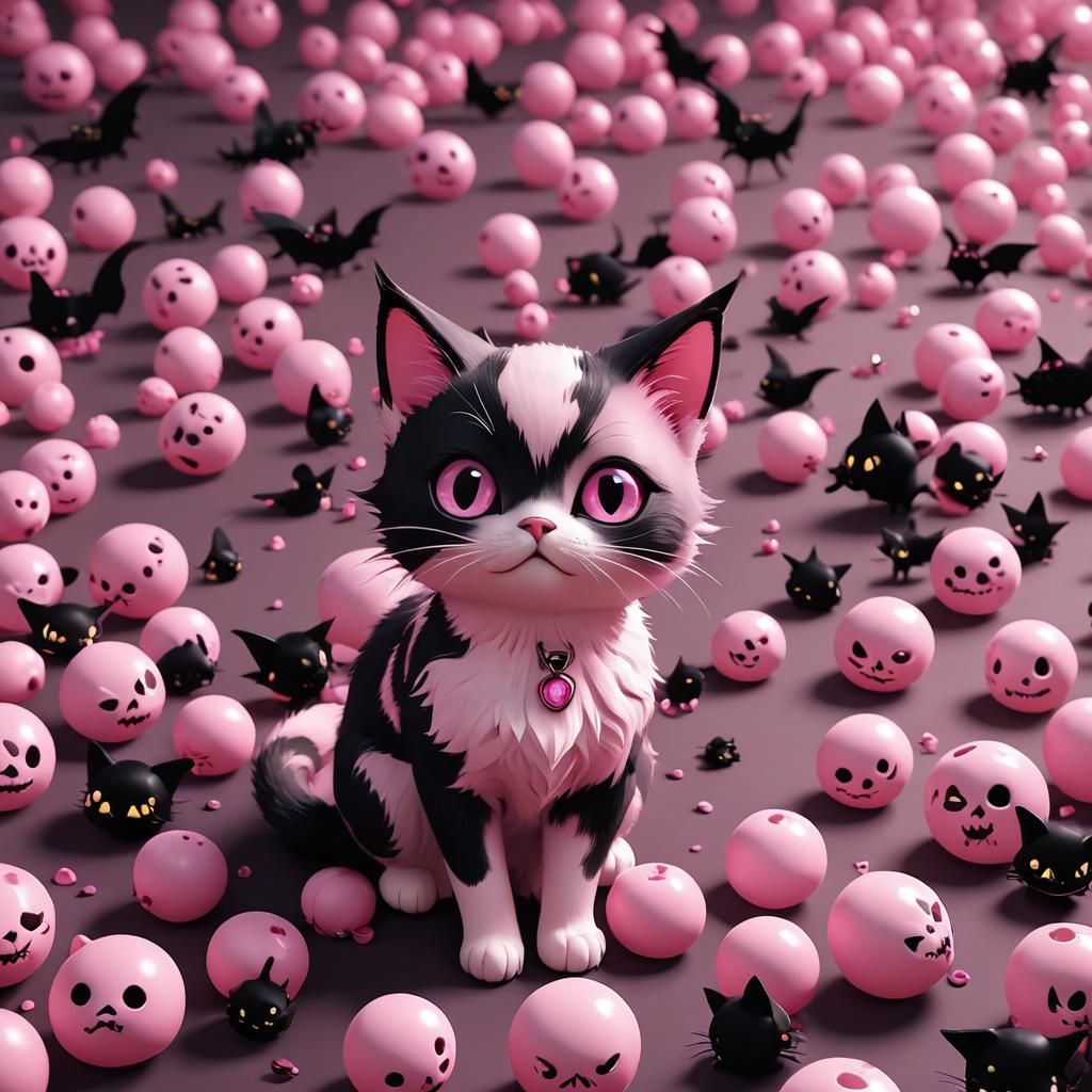 Cute Spooky Cat in Pink and Black Anime Style