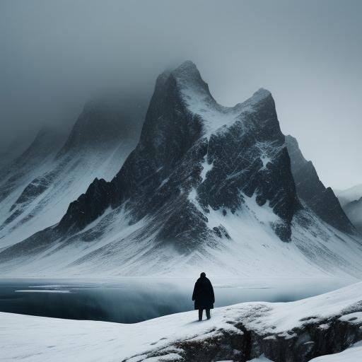 Lone Figure in Snowy Landscape: Cinematic Film Still