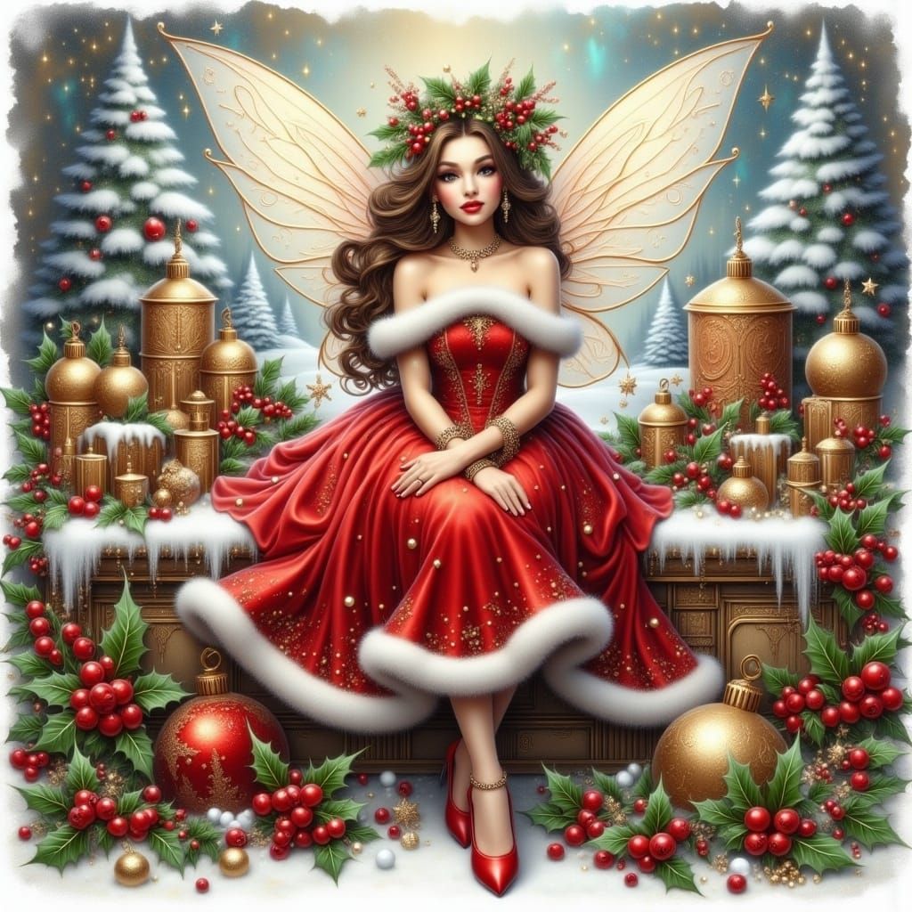 Christmas Fairy with Santa Claus in Red Dress