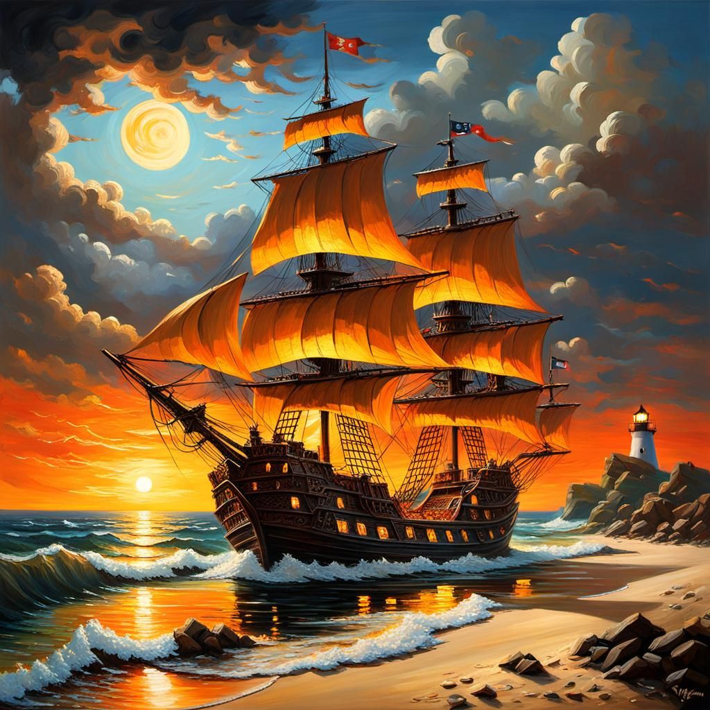 Pirate sail ship Impasto painting