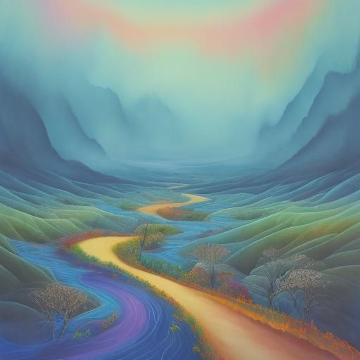 Surreal Landscape with Winding Path in Watercolor Style