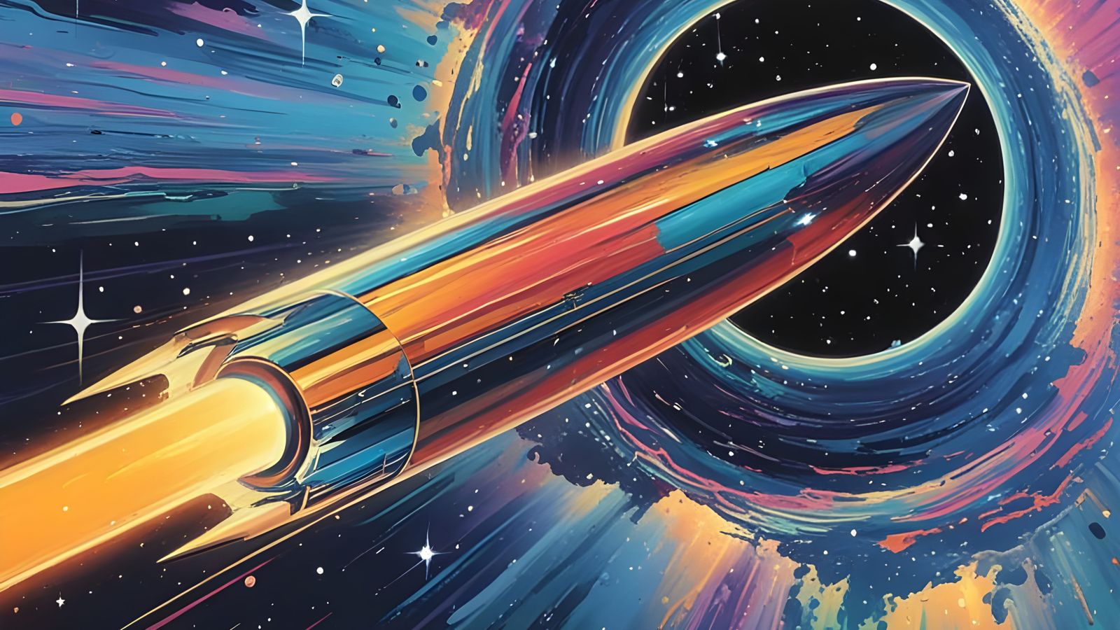 Retrofuturistic Iridescent Starship Blasts Through Cosmic Vo...