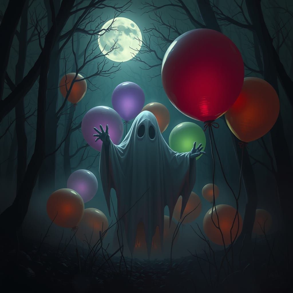 Ethereal Ghost in Haunted Forest with Balloons