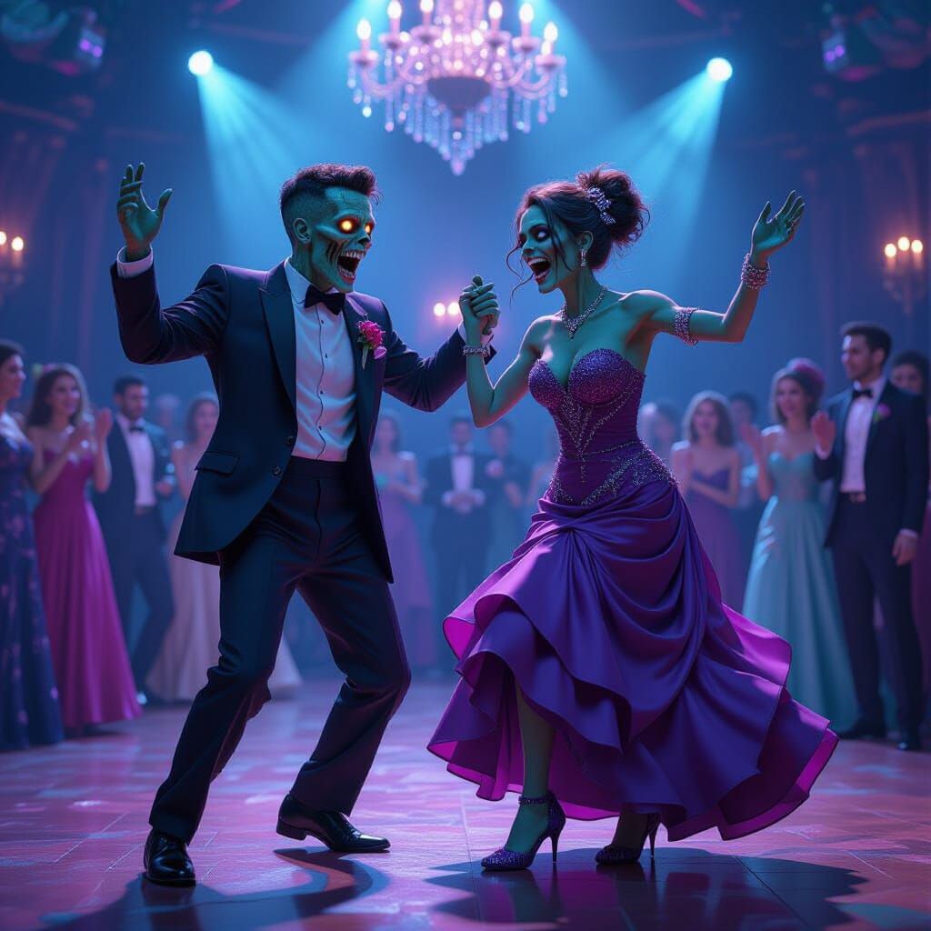 Two Zombies Joyfully Dancing at Fantastical Prom in Vivid Co...