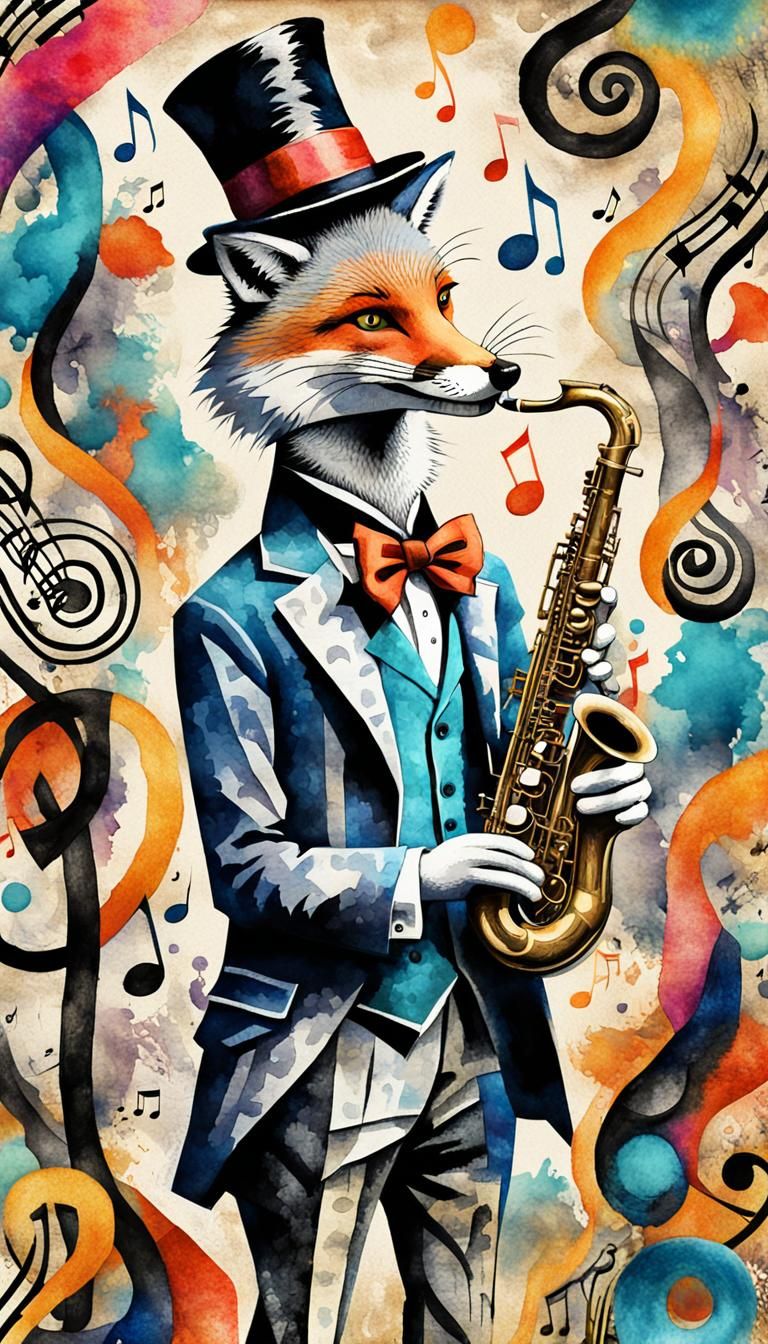 Surreal Jazz Scene: Fox in Zoot Suit, Watercolor Style