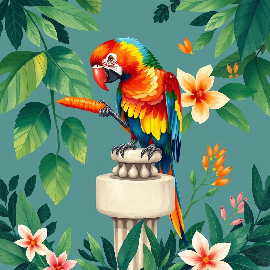 Vibrant Parrot Surrounded by Tropical Blooms and a Bright Or...