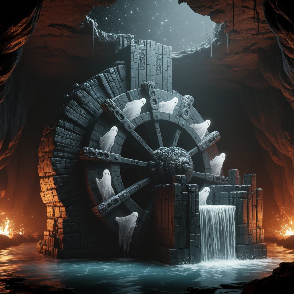 Ancient Waterwheel Gateway in a Dimly Lit Cavern