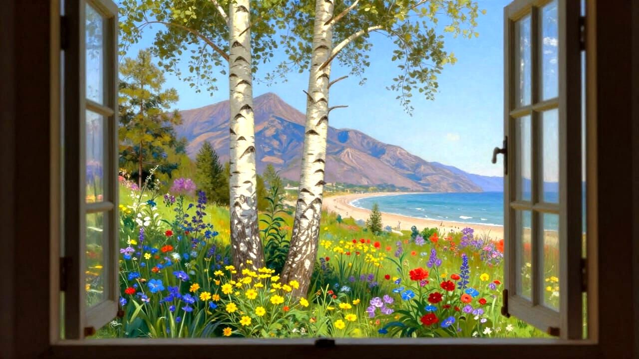 Birch Trees and Flower Garden View with Sea and Mountains