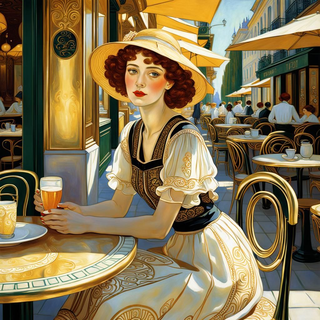 Girl in Sunny Cafe: Art Nouveau Style