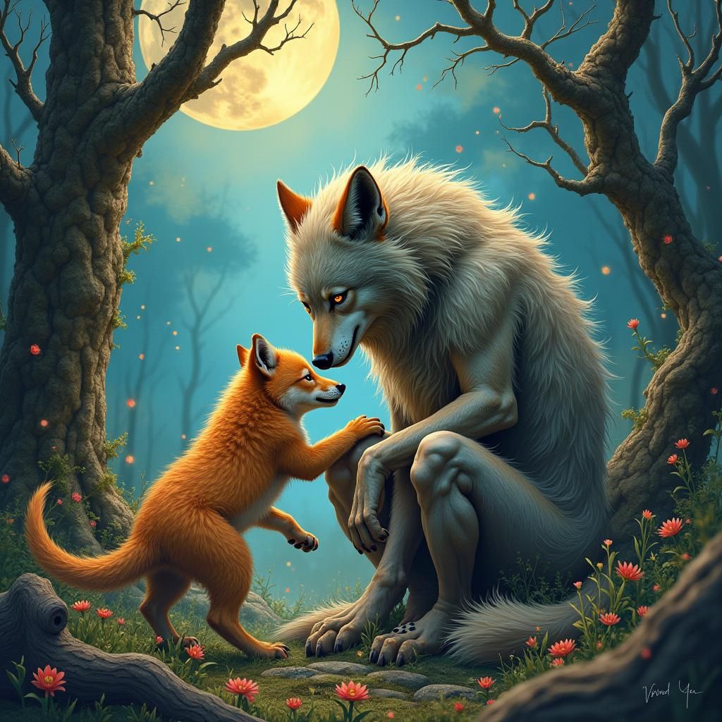 Female werewolf playing with cub in a forest