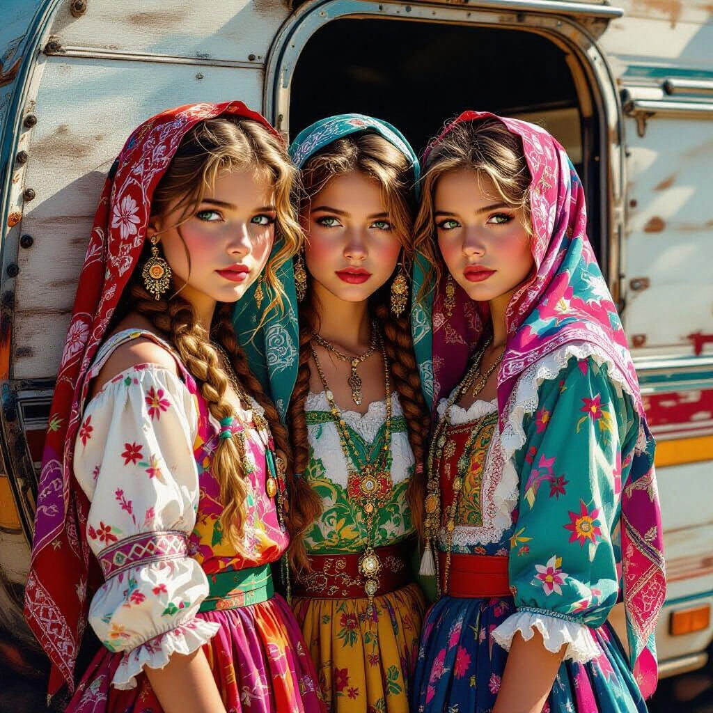 Detailed Portrait of Irish Girls Outside Caravan