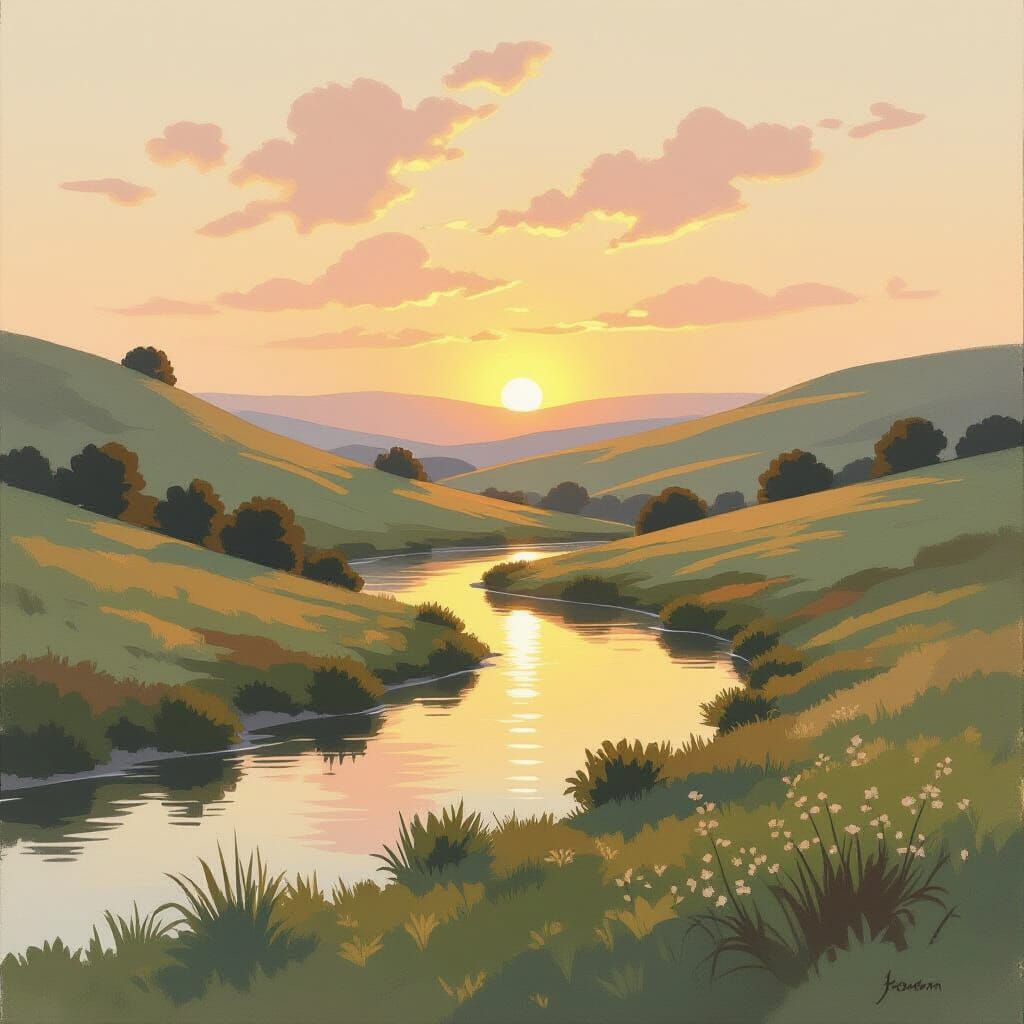 Serene Sunset River Landscape in Turner Style