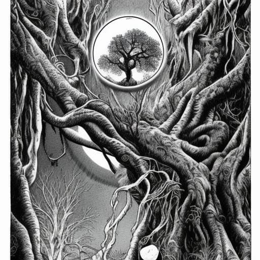 Ancient Tree with Full Moon in Art Nouveau Style