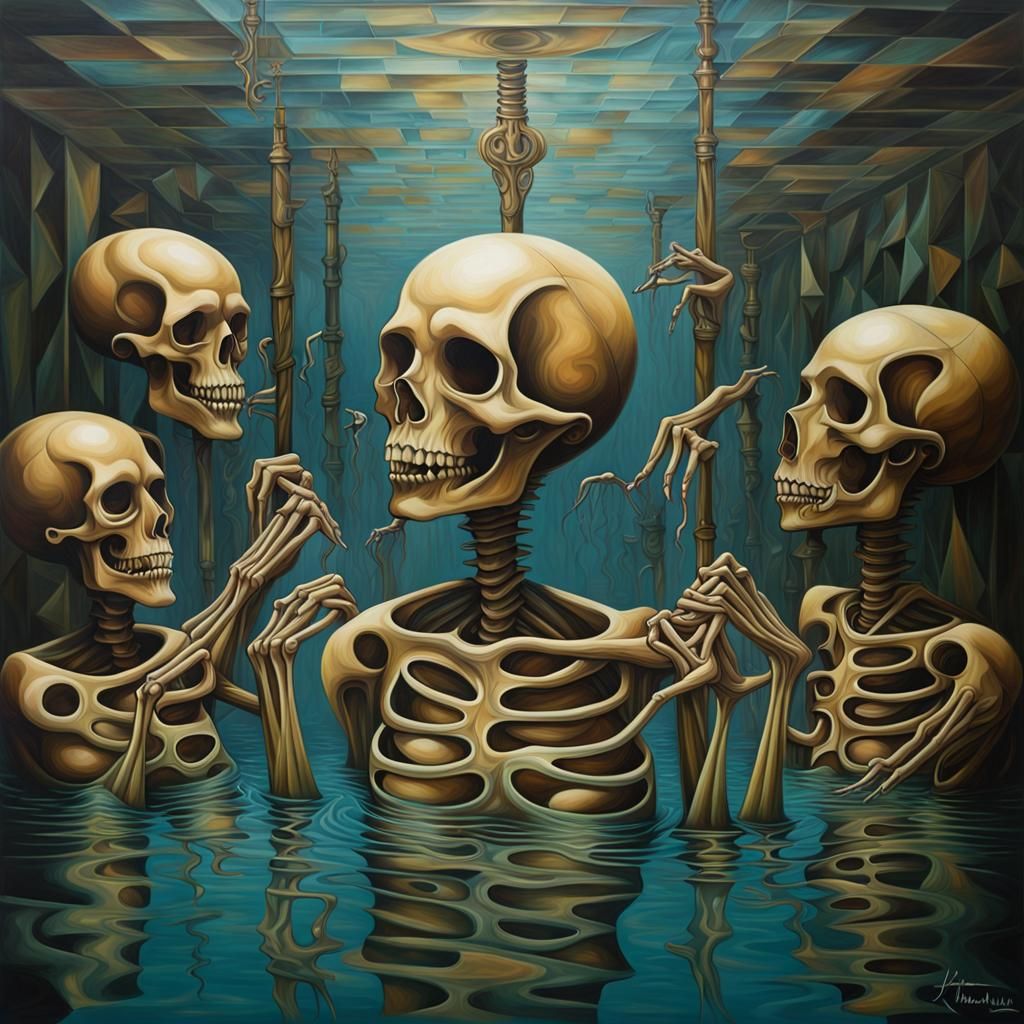 Skeletons Synchronized Swimming in Pop Surrealist Style