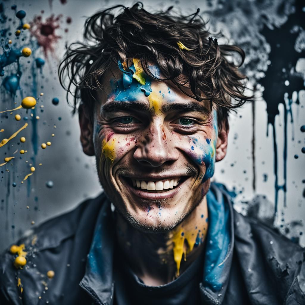 Photorealistic Portrait with Paint Splashes and Cool Tones