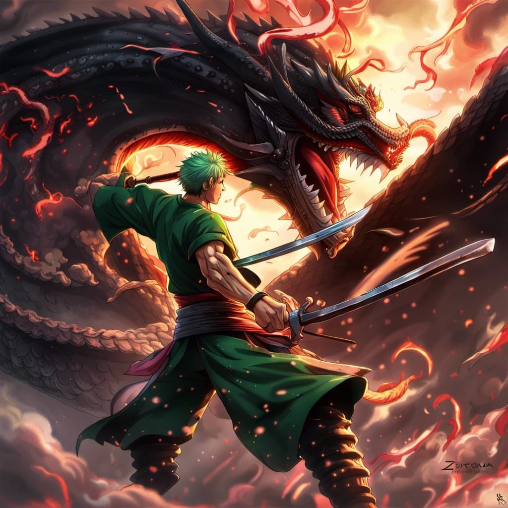 Zoro fighting a dragon, black dragon, bloods, 4k, anime style, digital art, lighting, render, ultra detailed