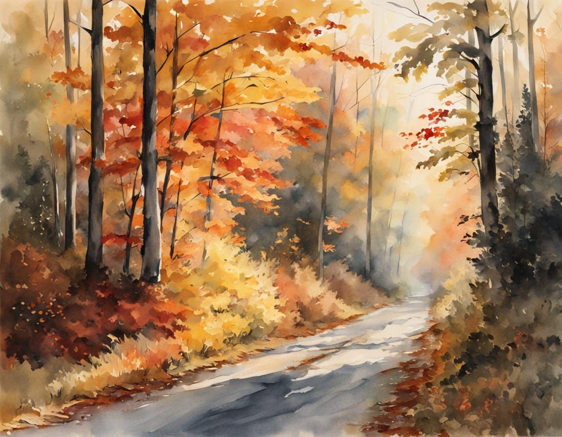 Vermont Fall Forest Road in Ethereal Watercolor Style