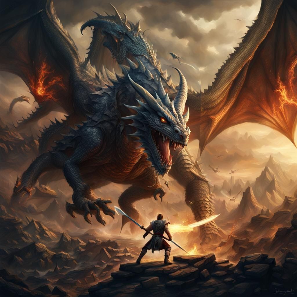 Epic Warrior Versus Dragon Digital Matte Painting