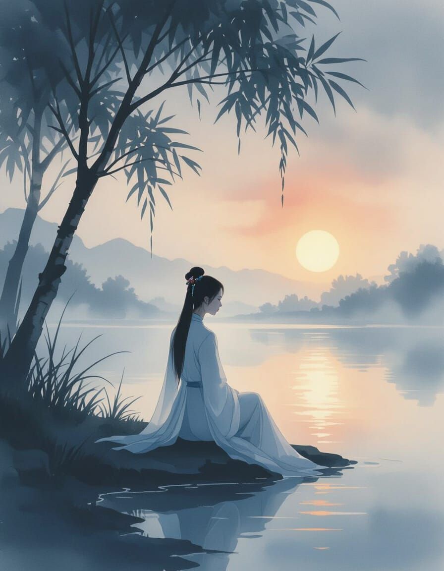Vietnamese Lady in Ao Dai by Lake at Dawn