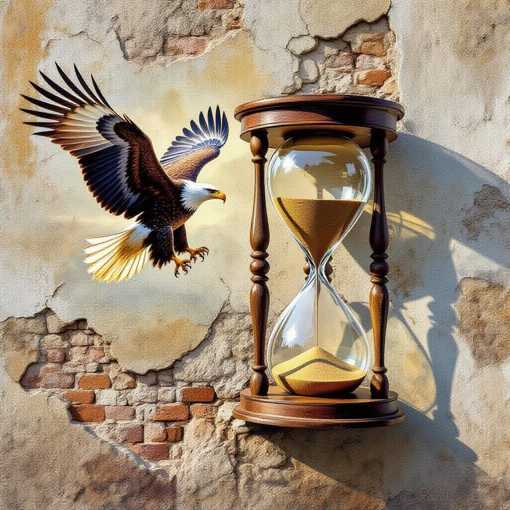 Eagle and Hourglass Mural on Decaying Stone Wall