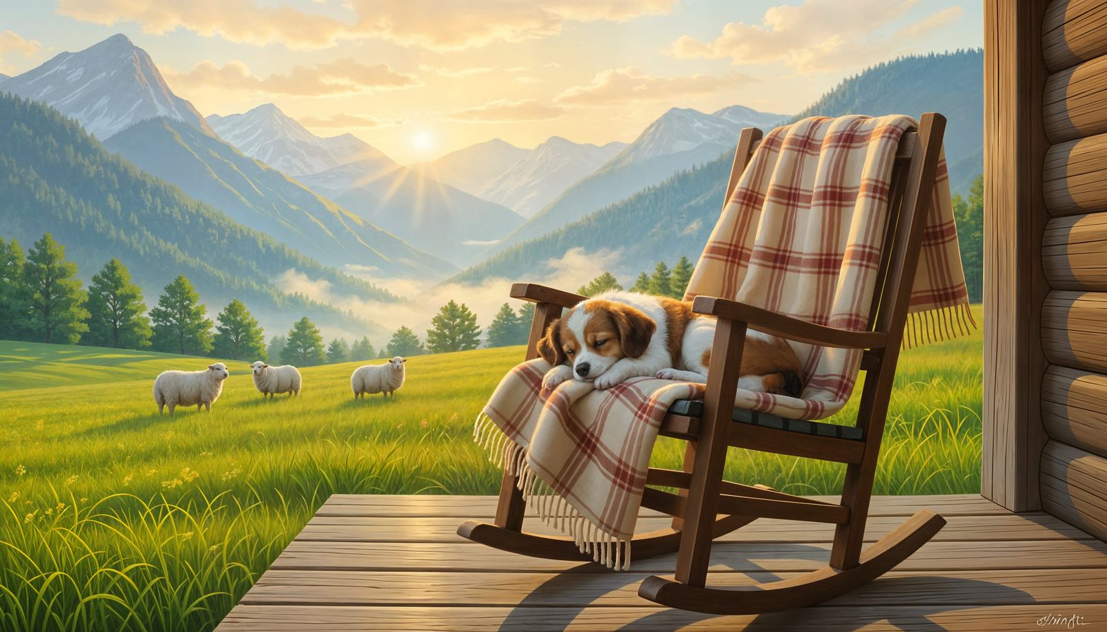 Cozy Morning: Dog Sleeping on Porch, Oil Painting