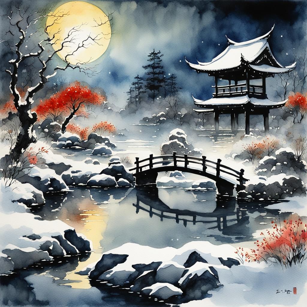 Snowy Zen Garden: Watercolor Painting