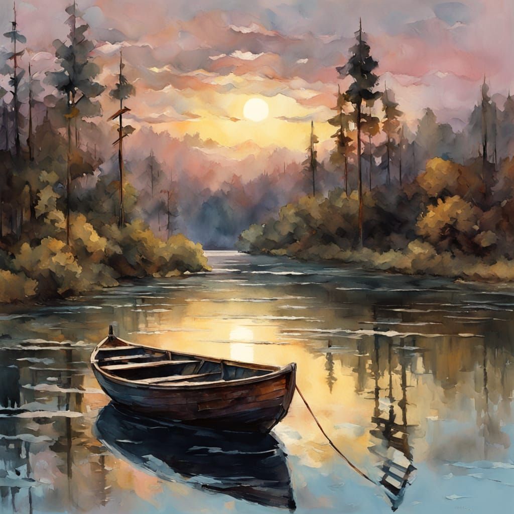 Old Rowboat at Sunset in Impressionist Style