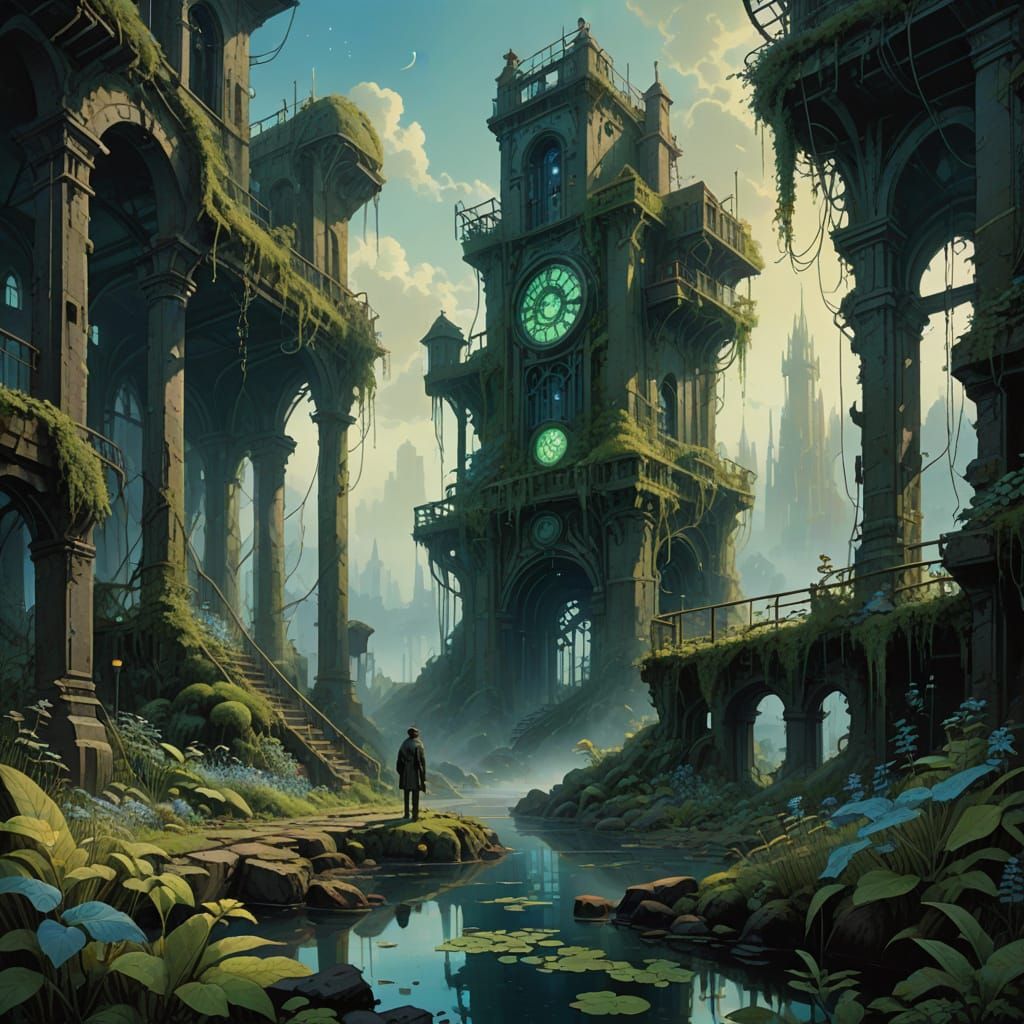 Steampunk City Ruins in Muted, Earthy Hues