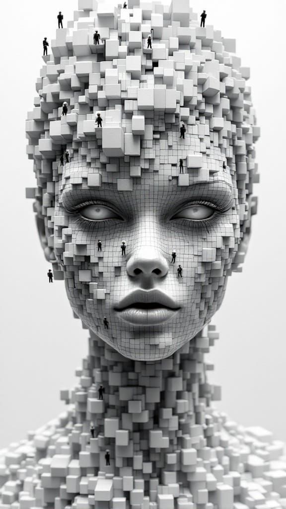 Ethereal Avant-Garde Goddess in Cubist Grayscale