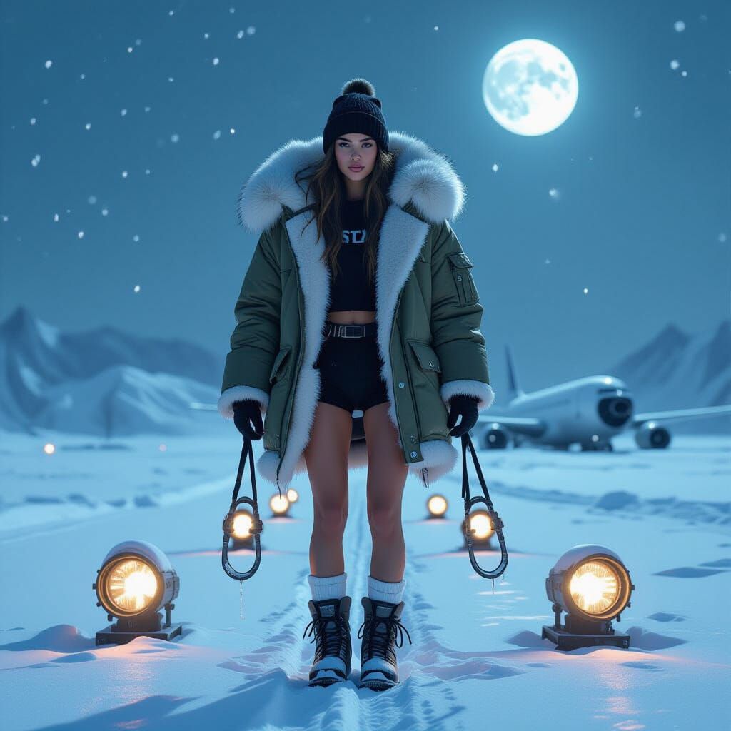 Snowy Runway: Woman in Fur Coat, Hyperrealistic Detail