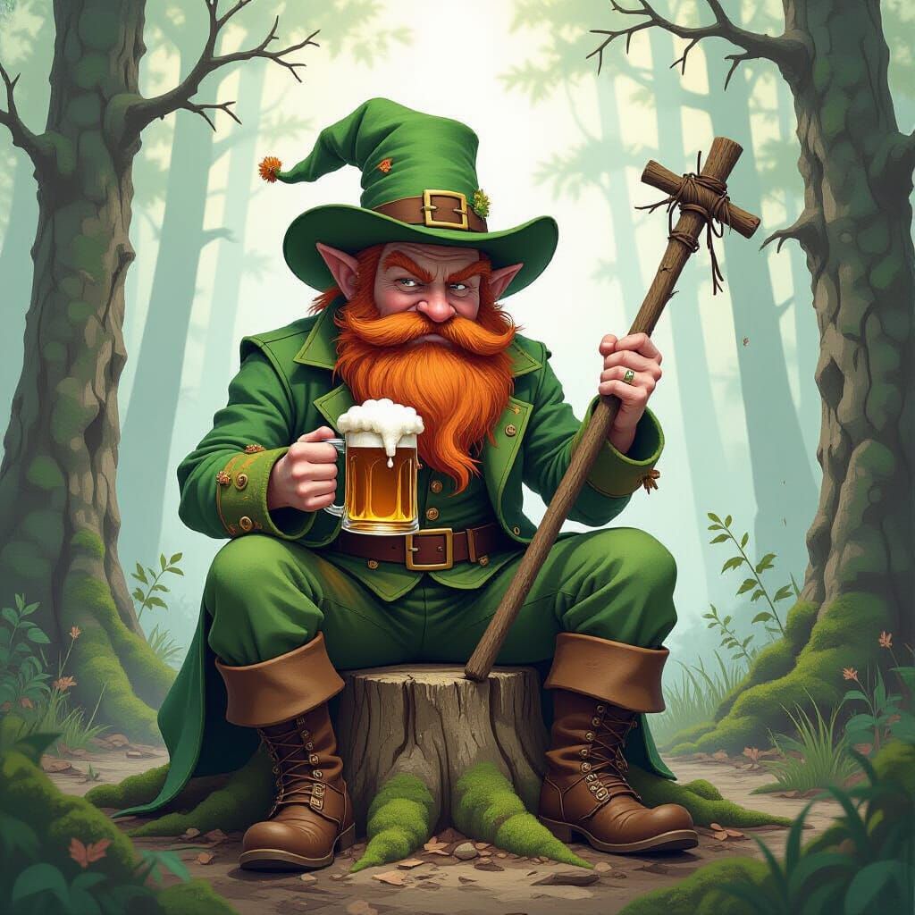 Humorous Leprechaun Illustration in Gritty Watercolor Style