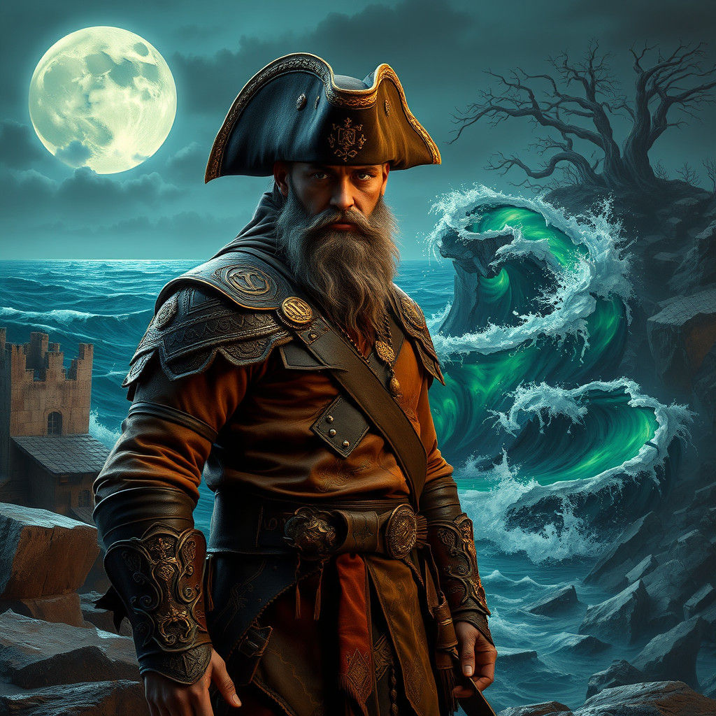 Heroic Ukrainian Pirate on Moonlit Coastline