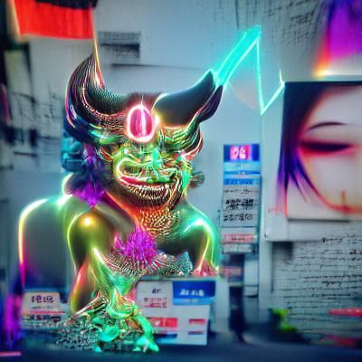 Cyberpunk Japanese Demon Breaking the Law in Neon