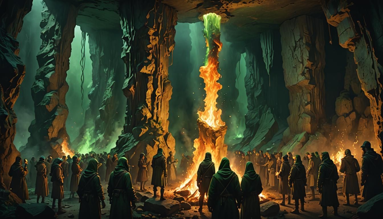 Ritual Around Fire Pillar in Underground Cavern