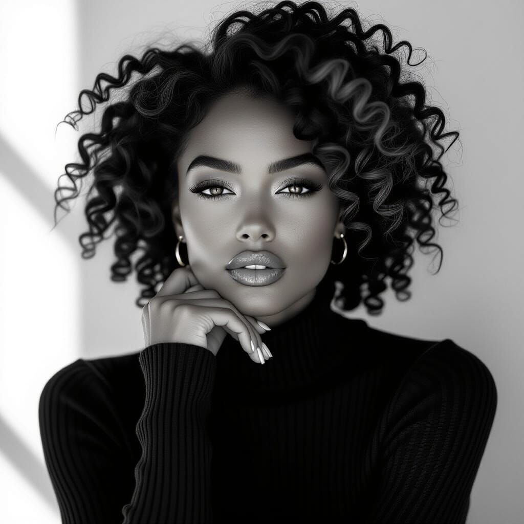 A dramatic black and white portrait of a confident woman wit...