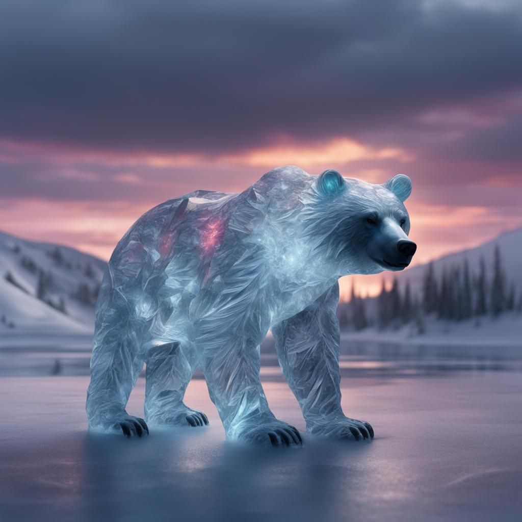 Dramatic Ice Bear Sculpture with Colorful Lights
