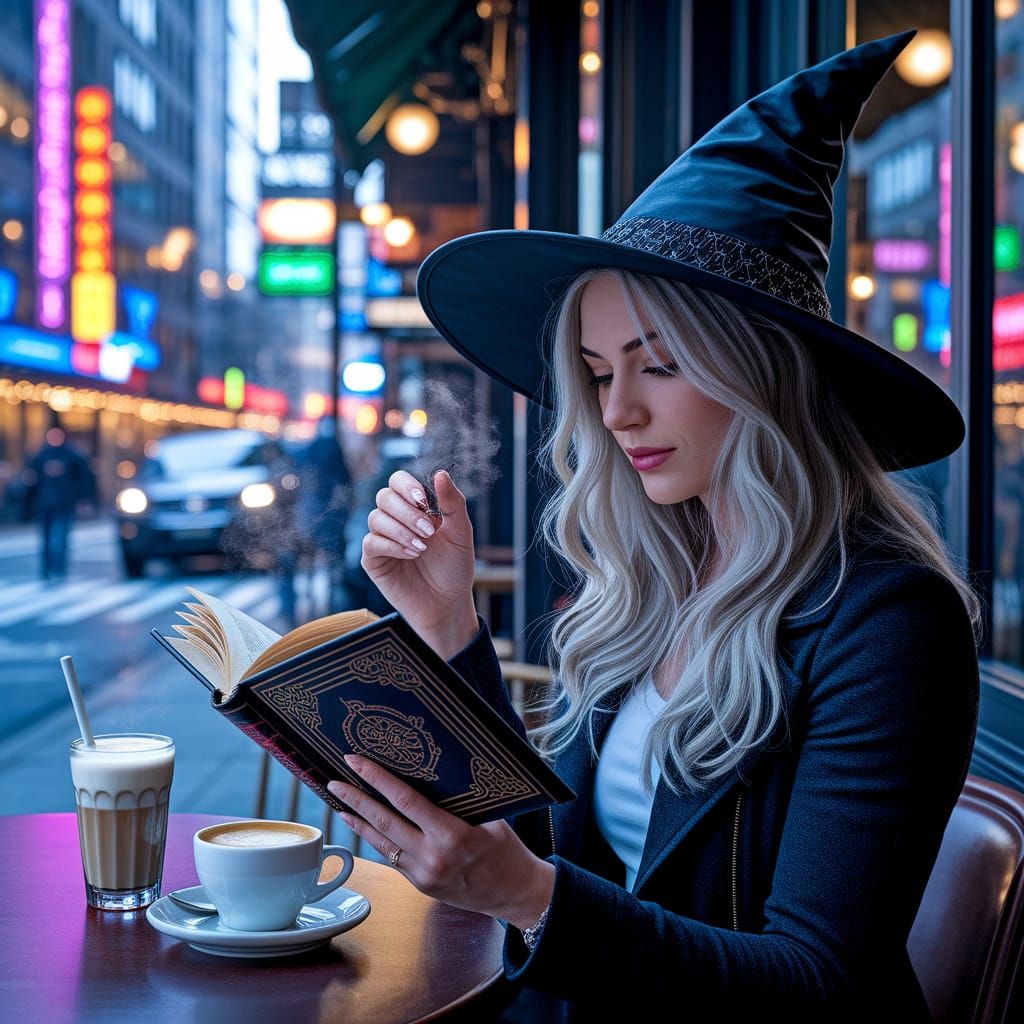Modern Witch Reading Spellbook in Neon-Lit Cafe