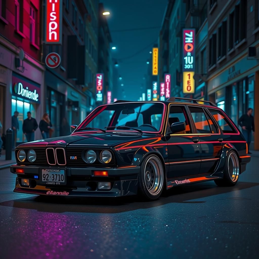 Cyberpunk BMW E30 Wagon with Neon Lights