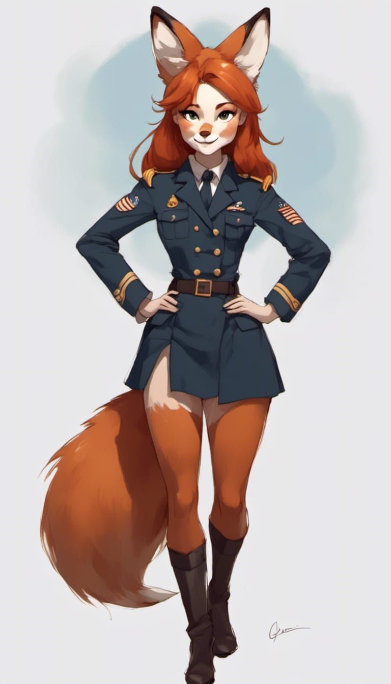 Adorable fox-girl Vixen in military dress