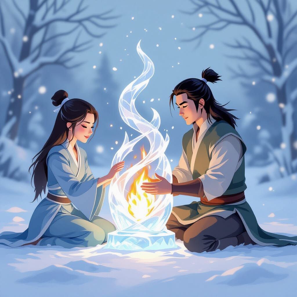 Katara and Zuko Create Ice Sculpture in Watercolor Style
