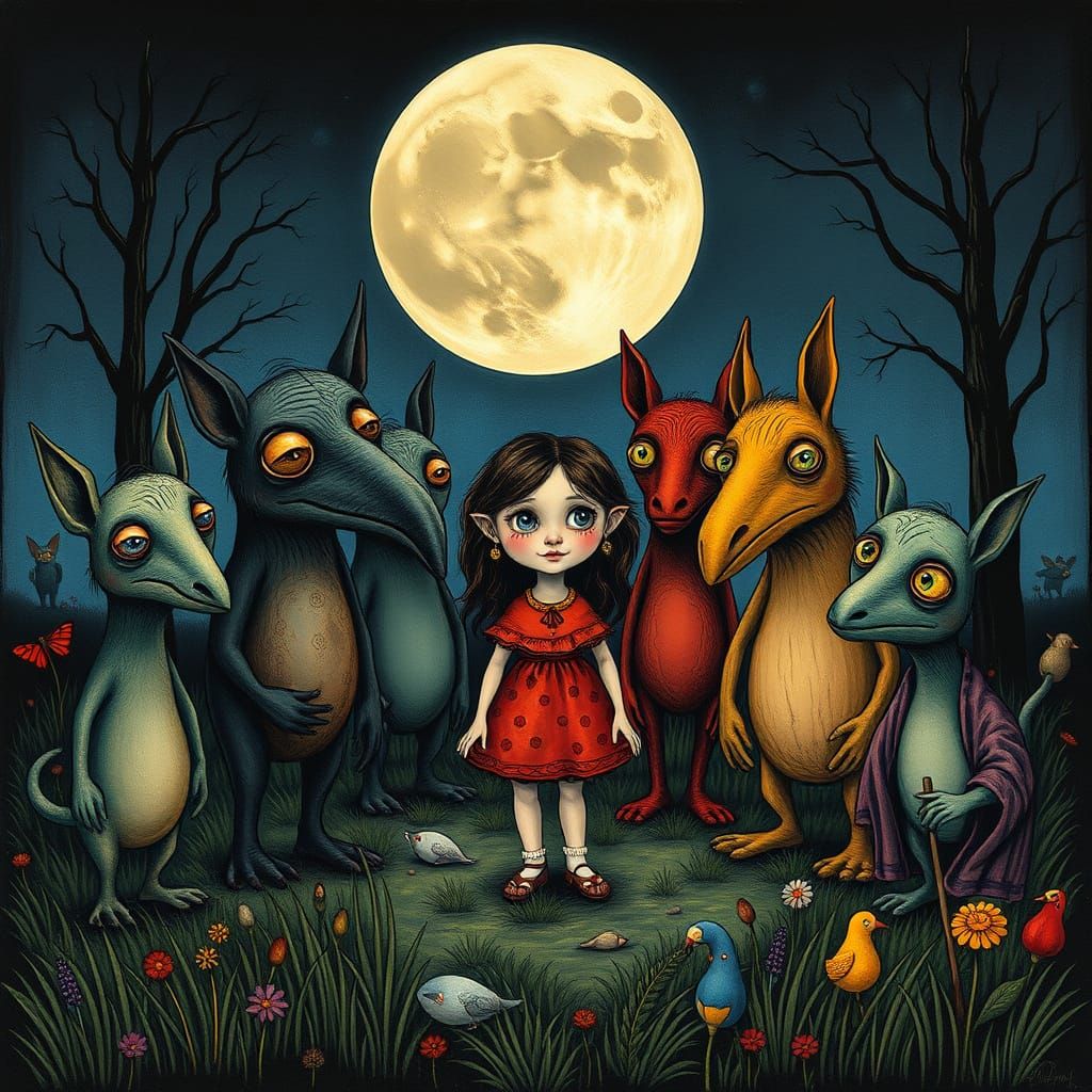 Whimsical Moonlit Gathering in Folk Art Style