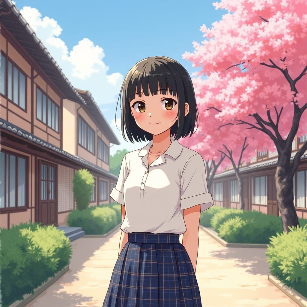 Asian Girl in Whimsical Watercolor Style on School Campus