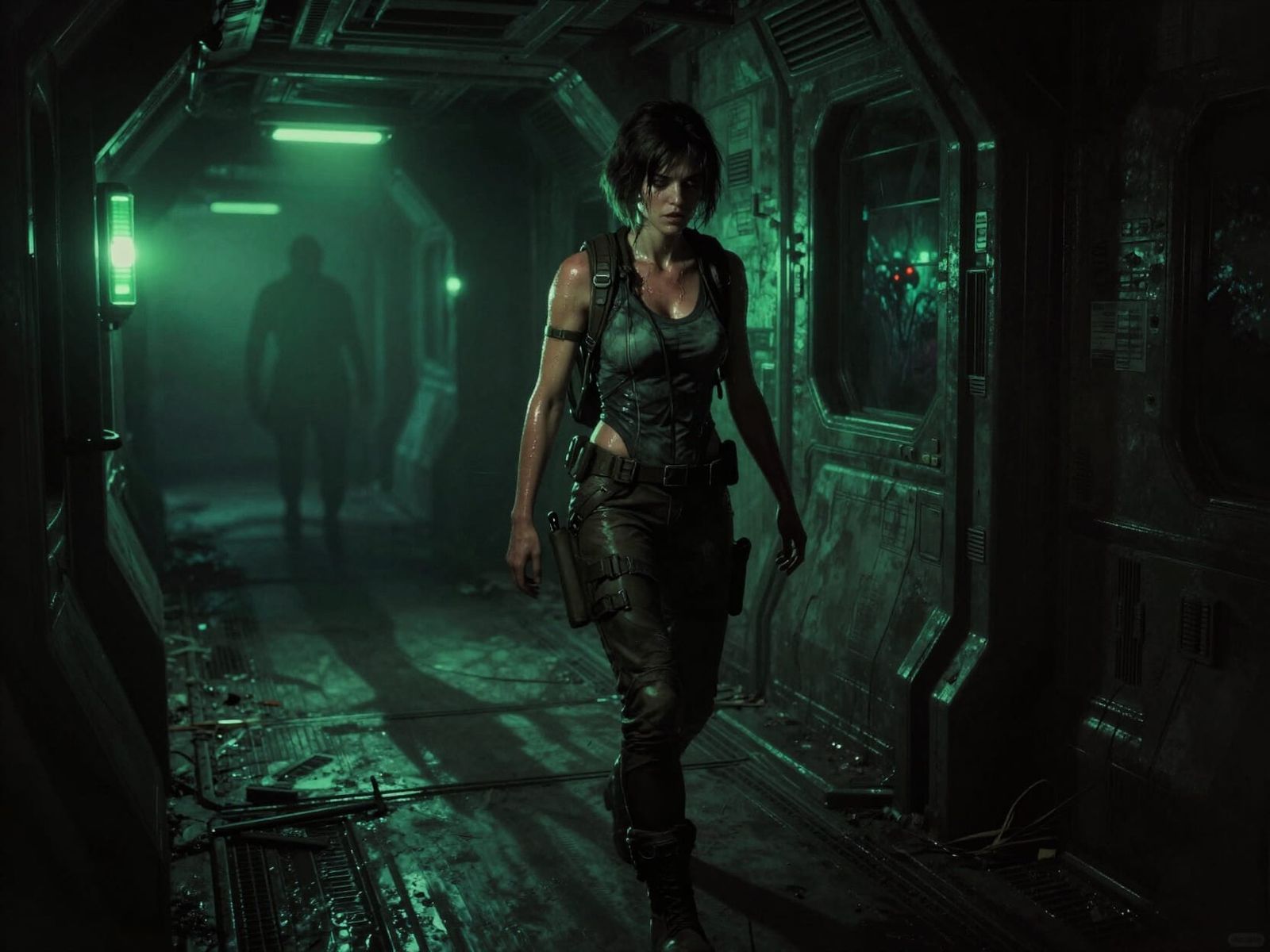 Female Explorer Navigates Dark Spaceship Corridor